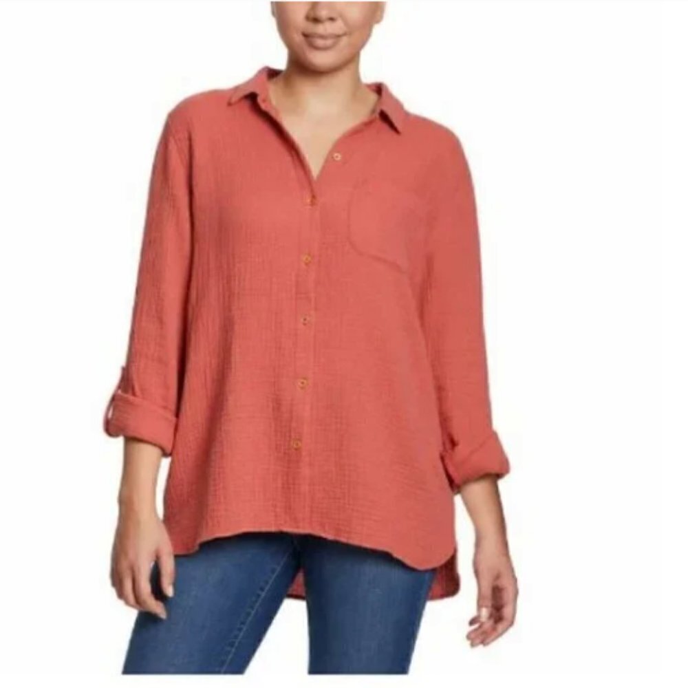 Anne Klein Cotton Gauze Lucile Button Up Top Sz M‎ Dusty Cedar #68Q